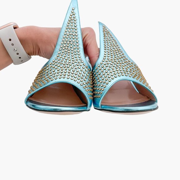 Gucci Fedra Crystal Embellished Mules EU 37 US 7 Metallic Blue High Heel Sandals - Picture 6 of 15